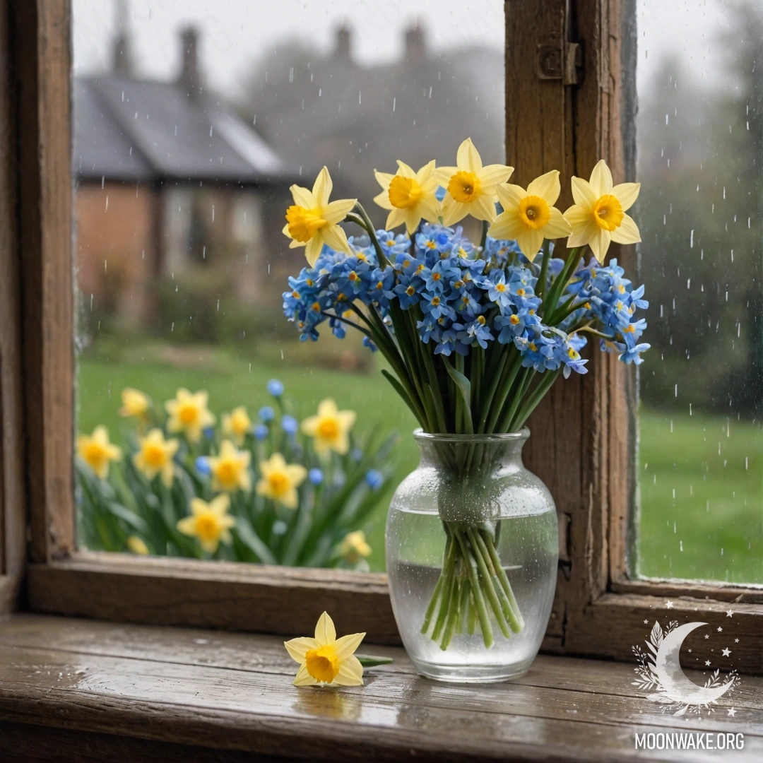 An old wooden window sill adorned with a white porcelain vase holding daffodils and forget-me-nots, gently washed by the rain.