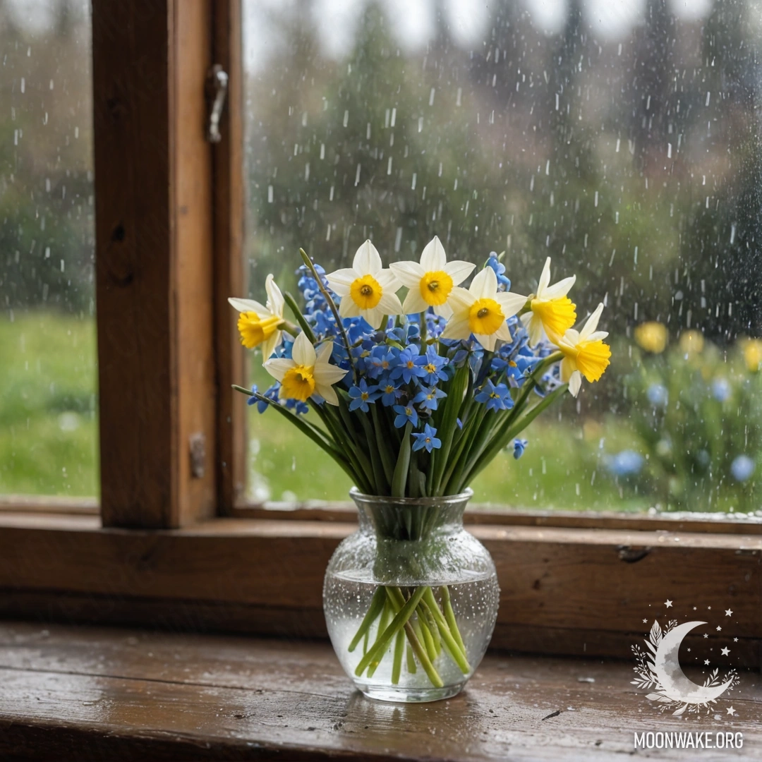 A shabby wooden windowsill with a white porcelain vase filled with daffodils and forget-me-nots, rain falling gently around.
