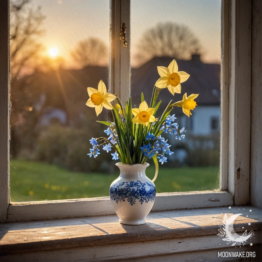 A weathered wooden window sill adorned with a white vase holding daffodils and forget-me-nots against a sunset backdrop.