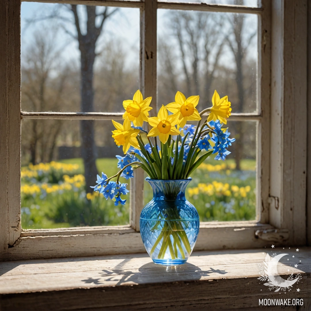 A white porcelain vase with daffodils and forget-me-nots on an old wooden window sill.