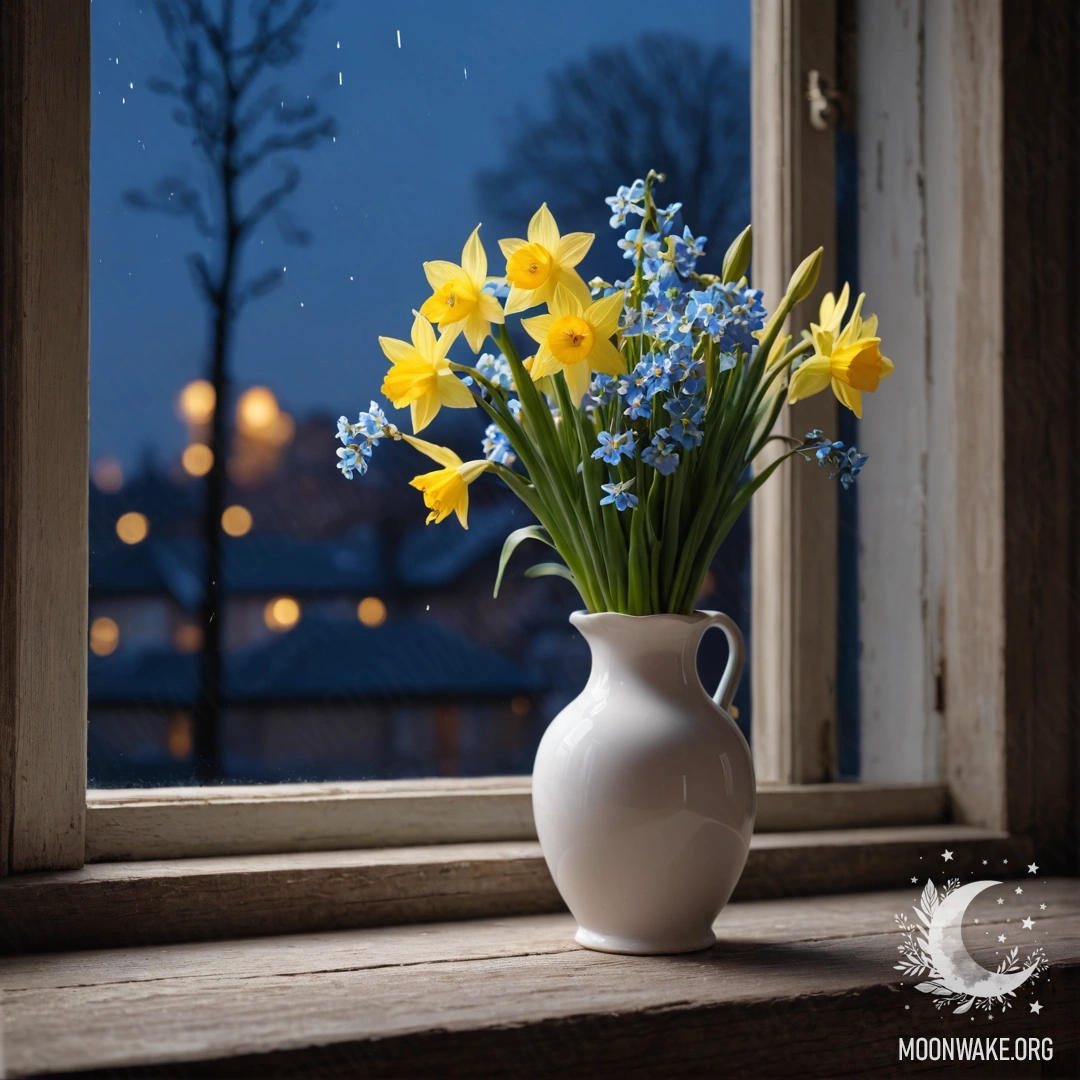 A white porcelain vase filled with daffodils and forget-me-nots on a shabby wooden window sill at night.
