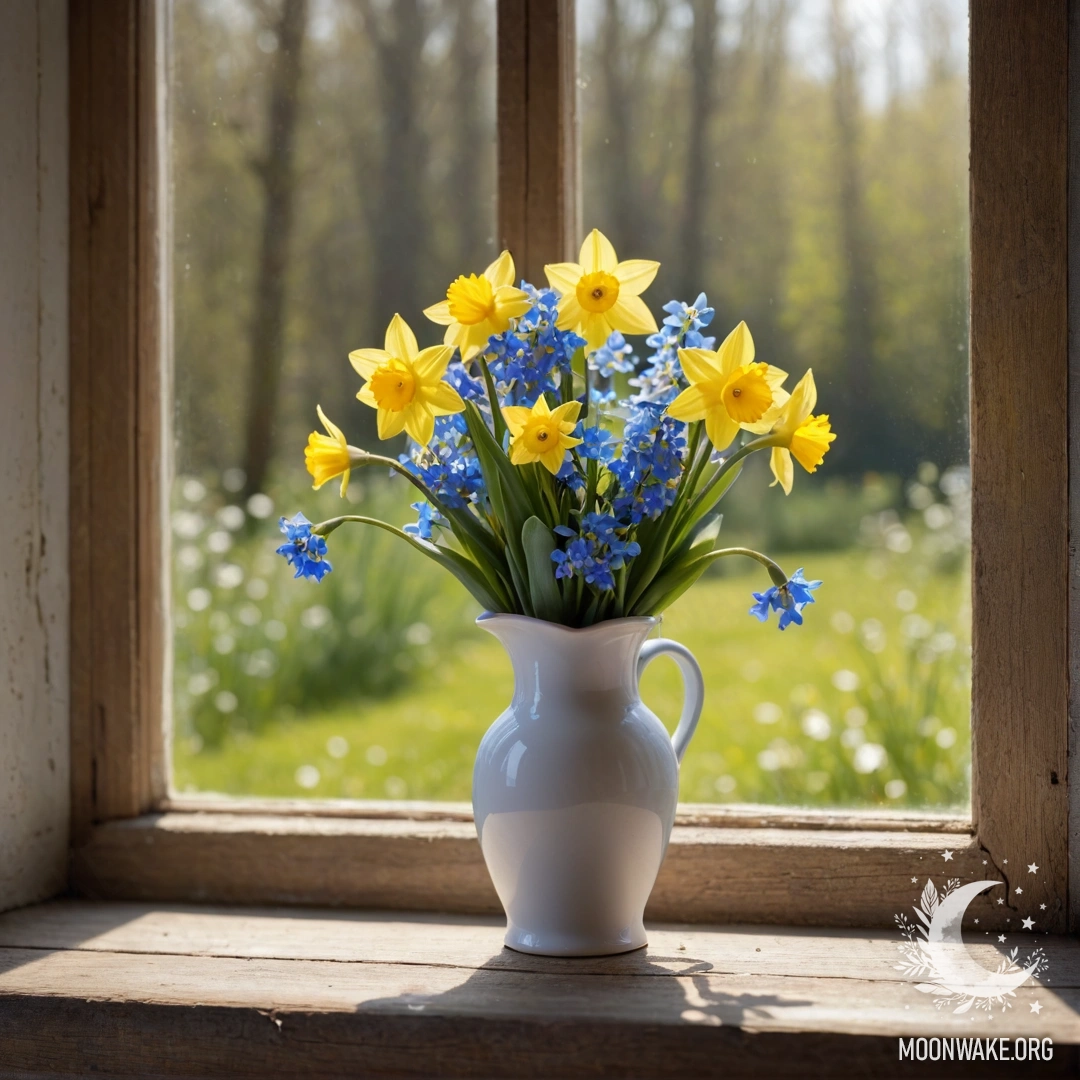 A shabby wooden window sill with a porcelain vase holding daffodils and forget-me-nots, adorned with garland lights.
