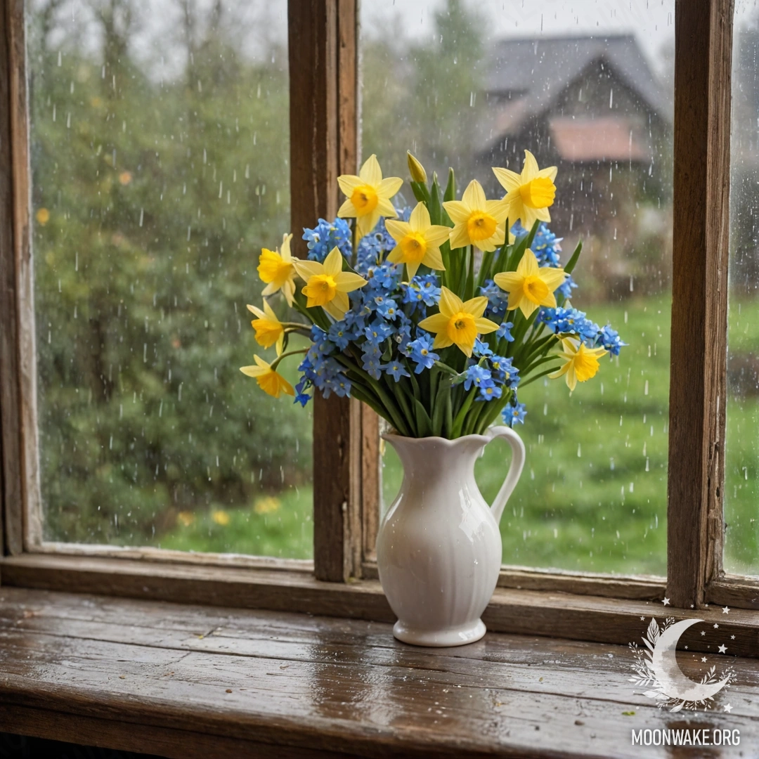 A white porcelain vase with daffodils and forget-me-nots on an old window sill under the rain.