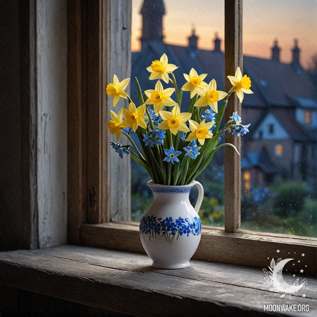 A weathered wooden windowsill with a white porcelain vase containing daffodils and forget-me-nots under the night sky.