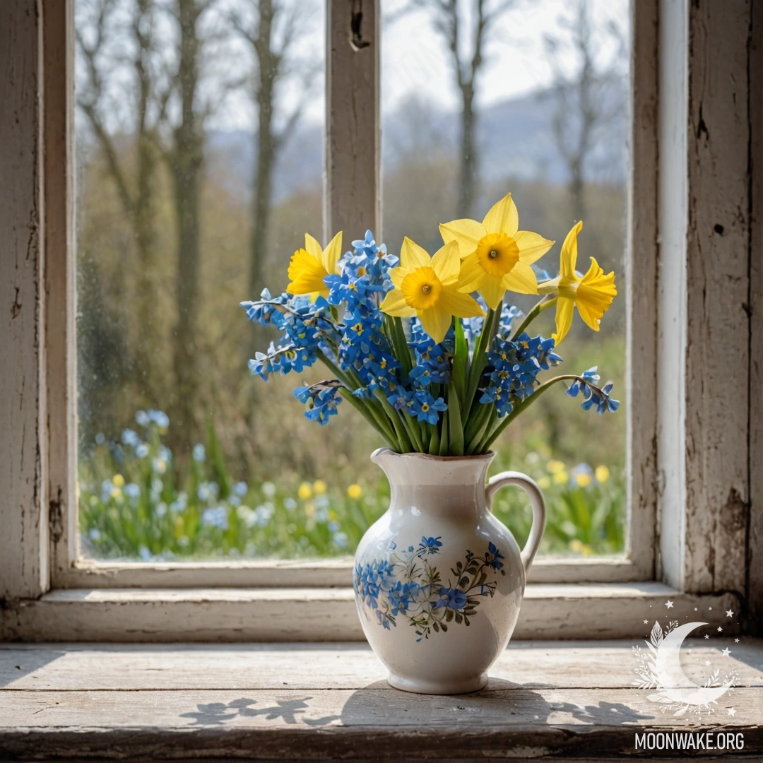 A white porcelain vase with daffodils and forget-me-nots on an old wooden window sill