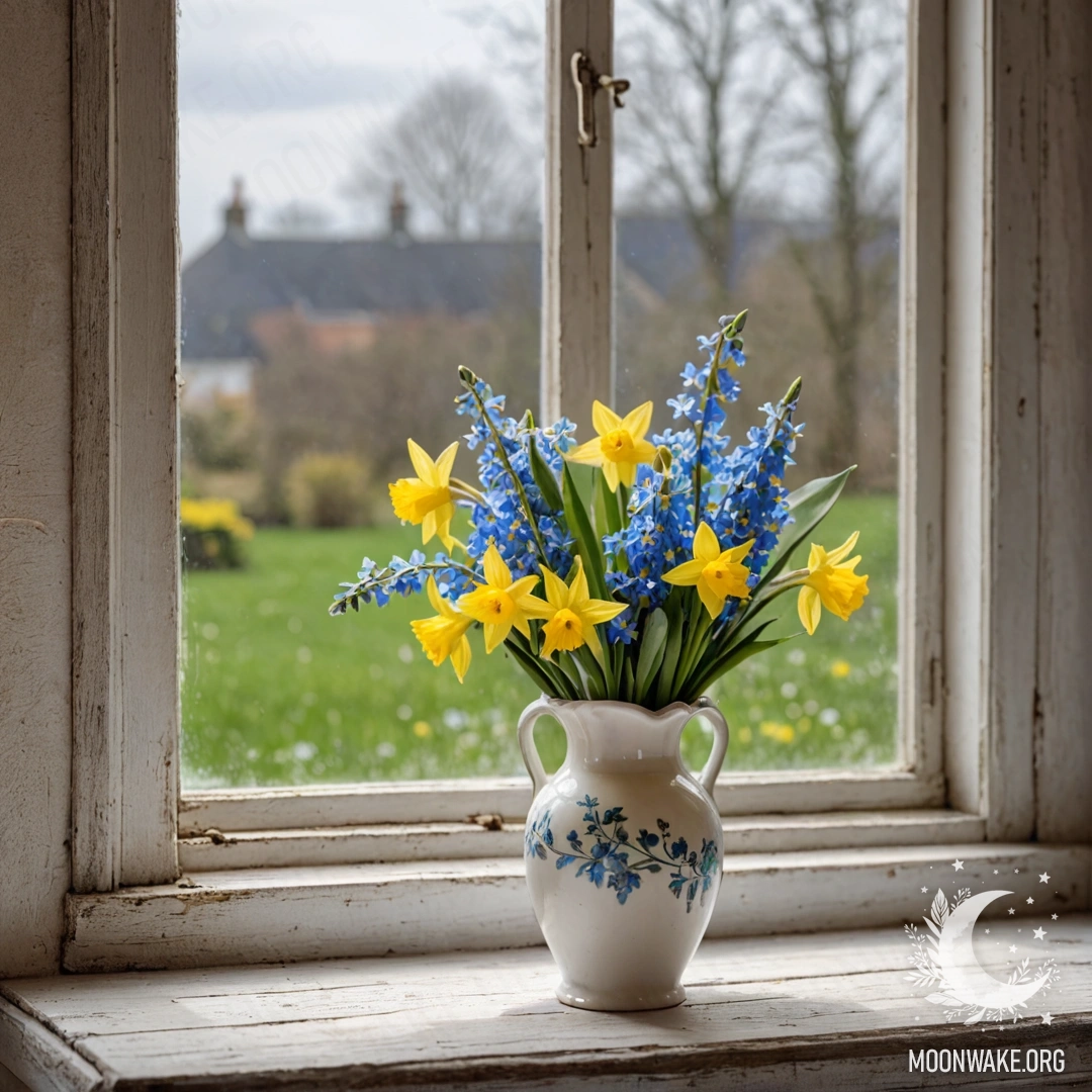 An old, shabby wooden window sill adorned with a white porcelain vase holding daffodils and forget-me-nots, illuminated by garland lights.