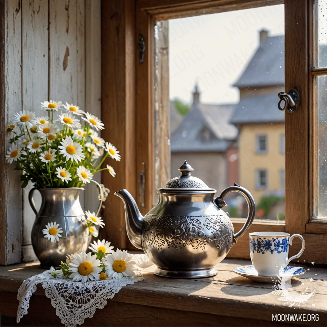 A weathered wooden window sill featuring a white porcelain vase filled with daffodils and forget-me-nots illuminated by gentle sunlight.