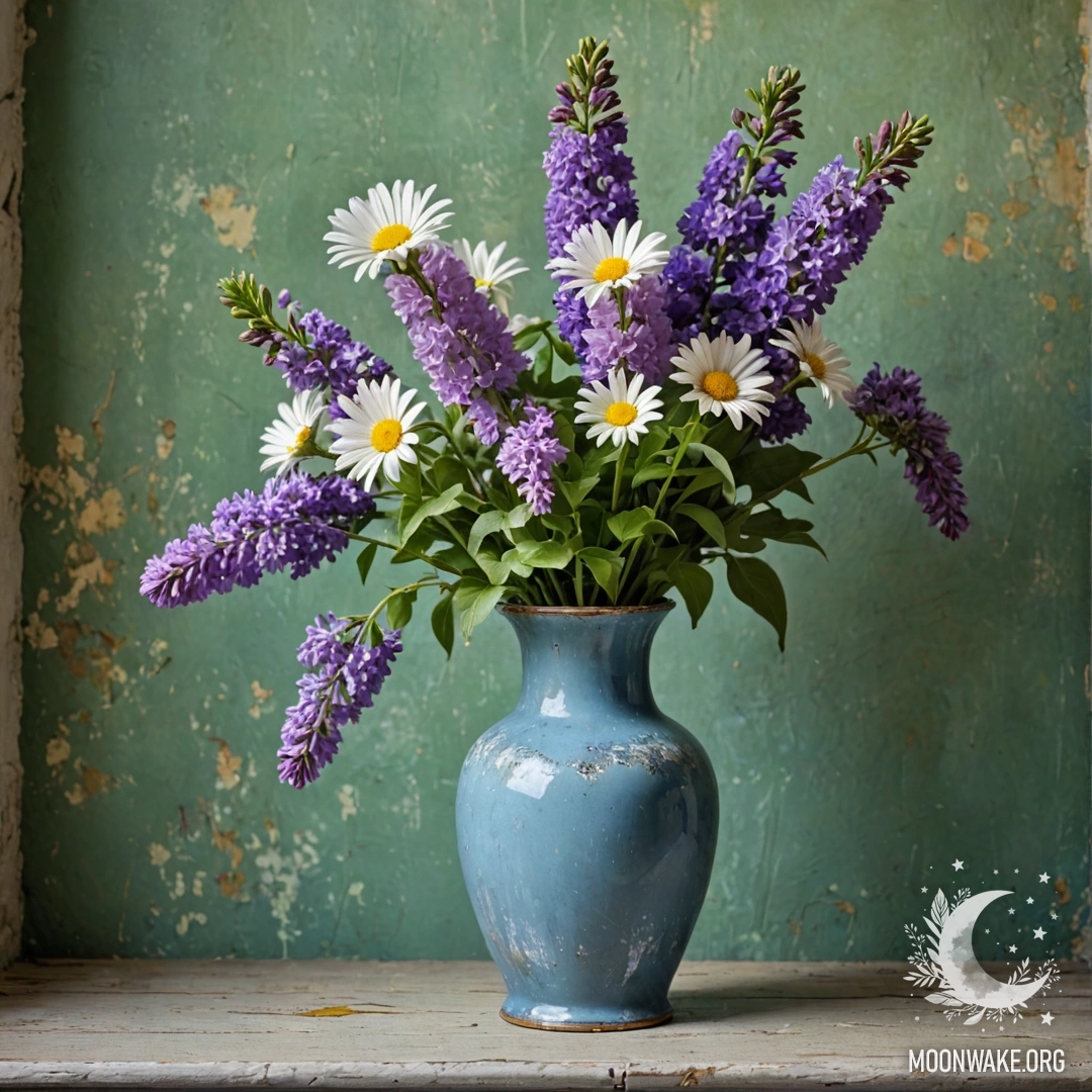 A shabby blue vase filled with daisies and lilacs against a greenish wall.