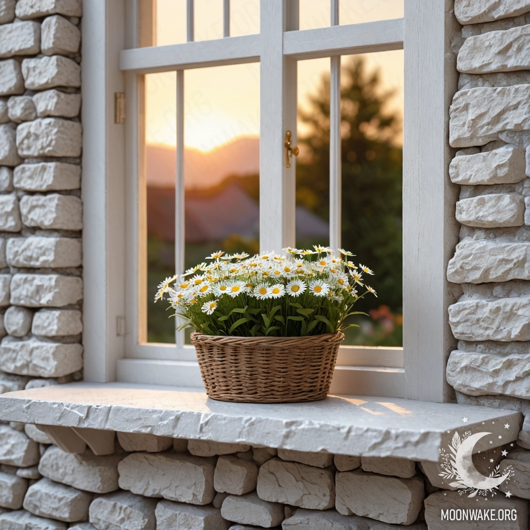 A peaceful white stone wall with an open window and a basket of daisies on the windowsill during sunset.