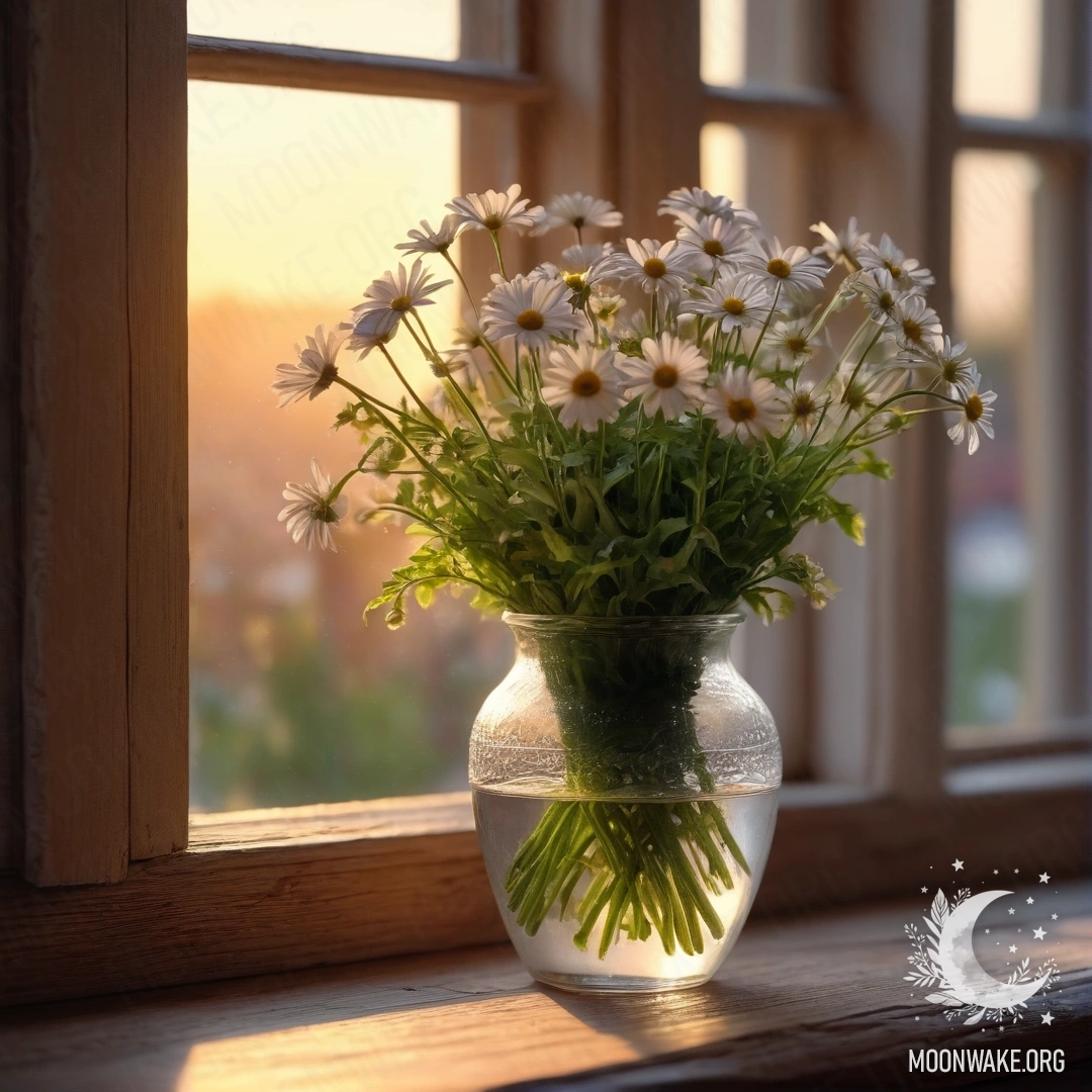 A glass vase with daisies placed on a vintage wooden windowsill during sunset.