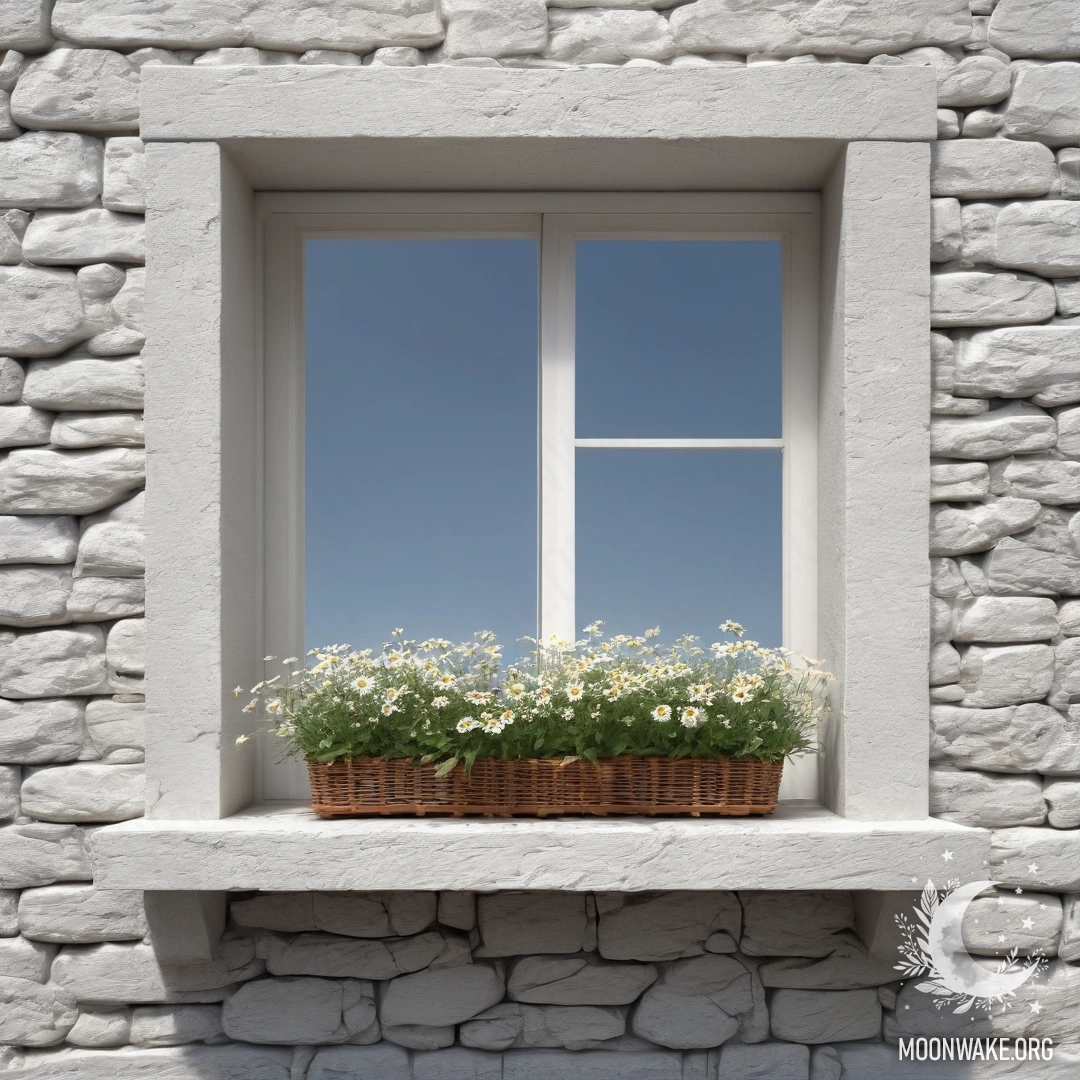 Daisies by the Open Window A photorealistic scene of a white stone wall and an open window with a basket of daisies on the windowsill.