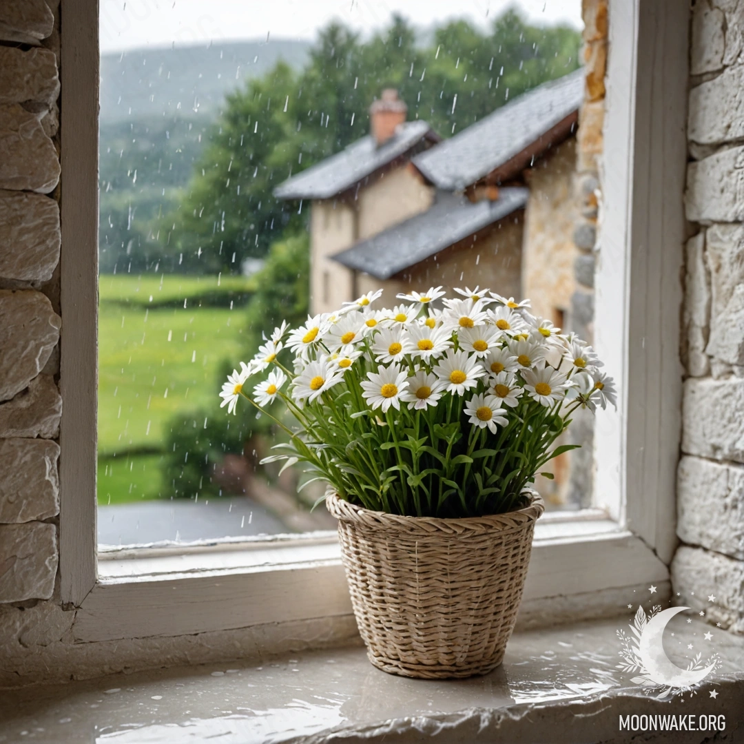 A serene white stone wall with an open window and a basket of daisies on the windowsill, gently touched by raindrops.