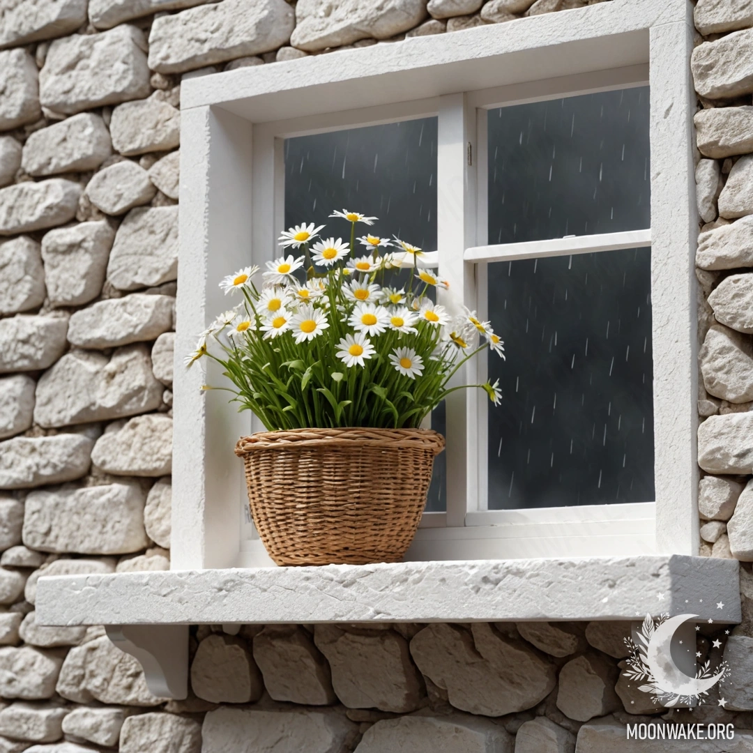 A stone wall with an open window, a basket of daisies on the windowsill, and raindrops falling.
