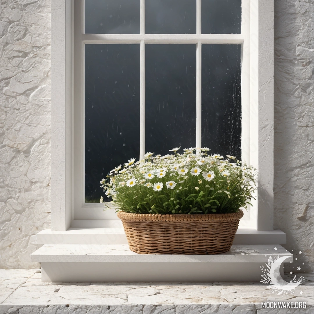A serene scene of daisies in a basket on a windowsill with a white stone wall, viewed through an open window during rain.