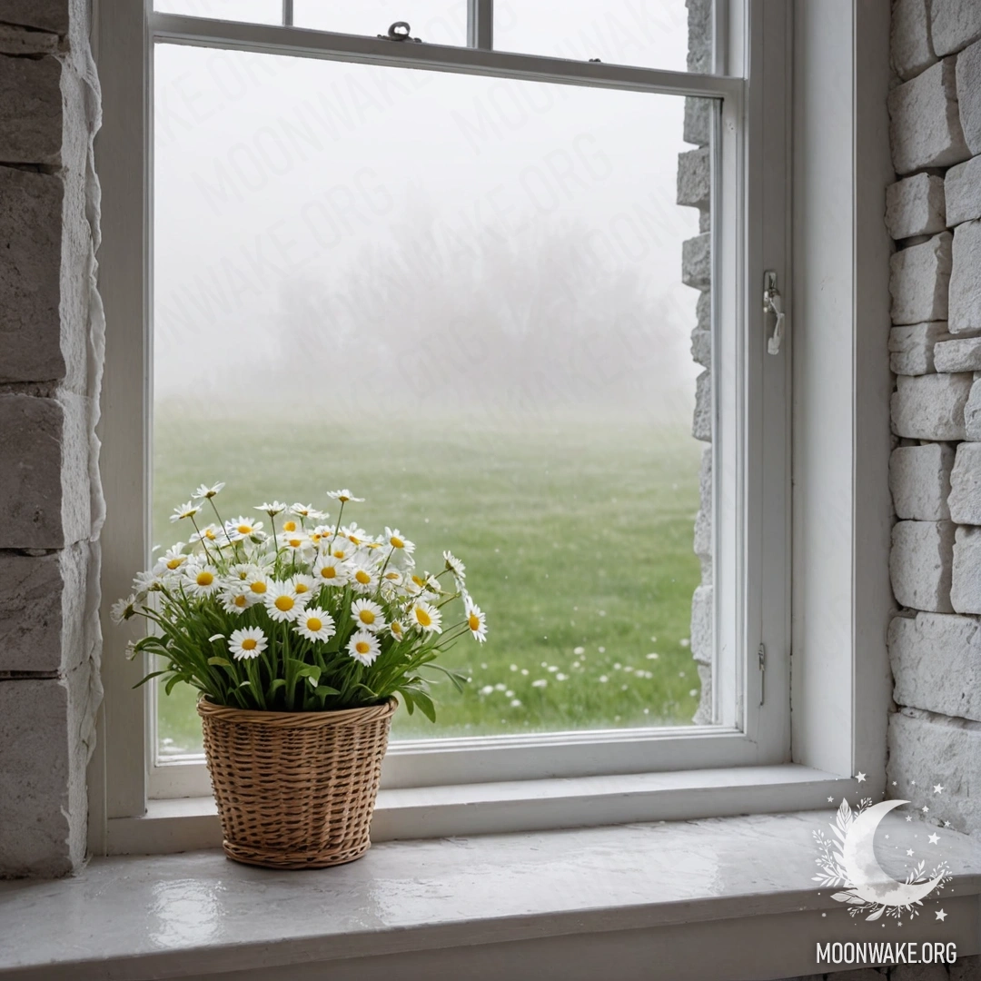 A white stone wall with an open window and a basket of daisies on the sill, surrounded by dense fog.