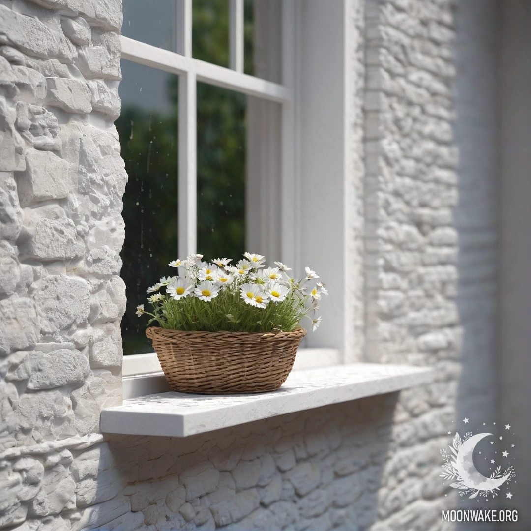 A photorealistic image of a calm white stone wall with an open window and a basket of daisies on the windowsill, rain falling gently.