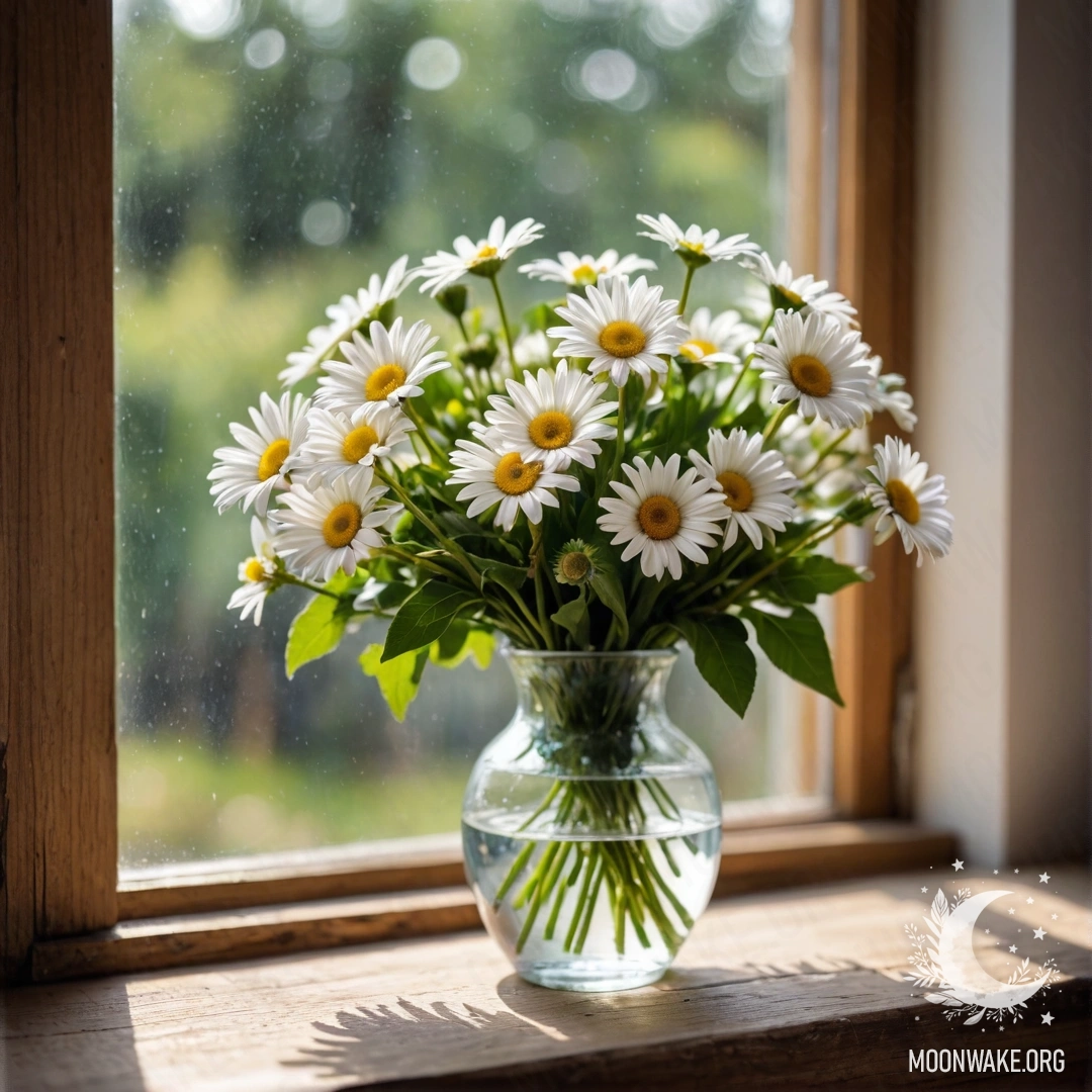 A glass vase filled with daisies sits on a vintage wooden windowsill adorned with warm garland lights.