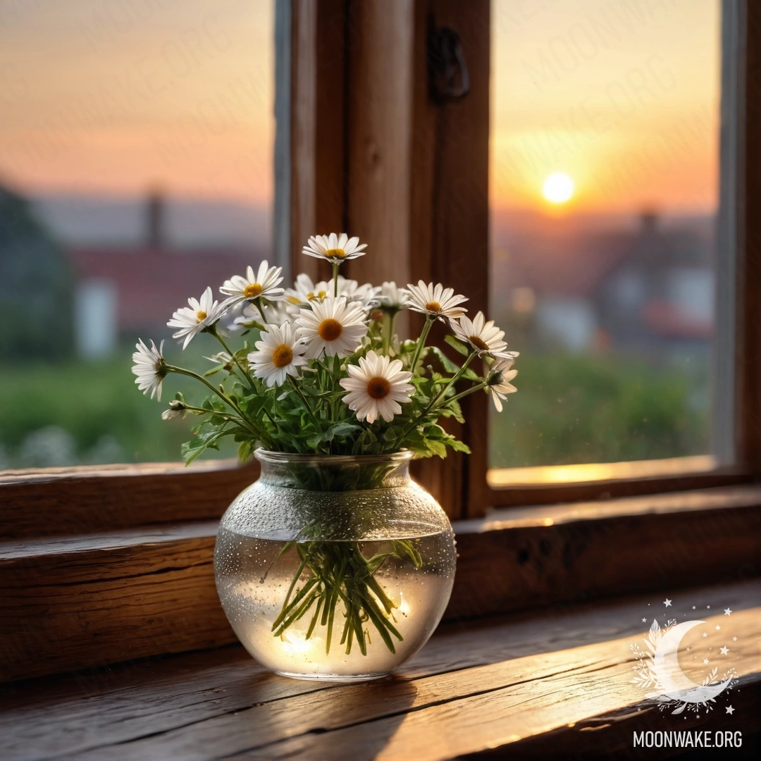 A photorealistic image of a glass vase with daisies on a wooden vintage windowsill during sunset.
