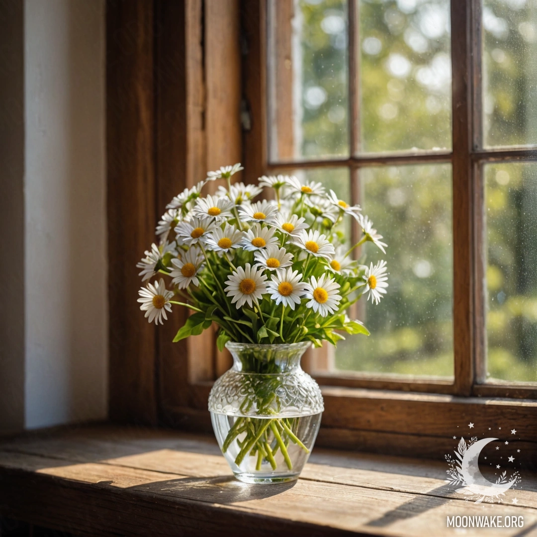A glass vase filled with daisies sitting on a wooden vintage windowsill, illuminated by sun rays.