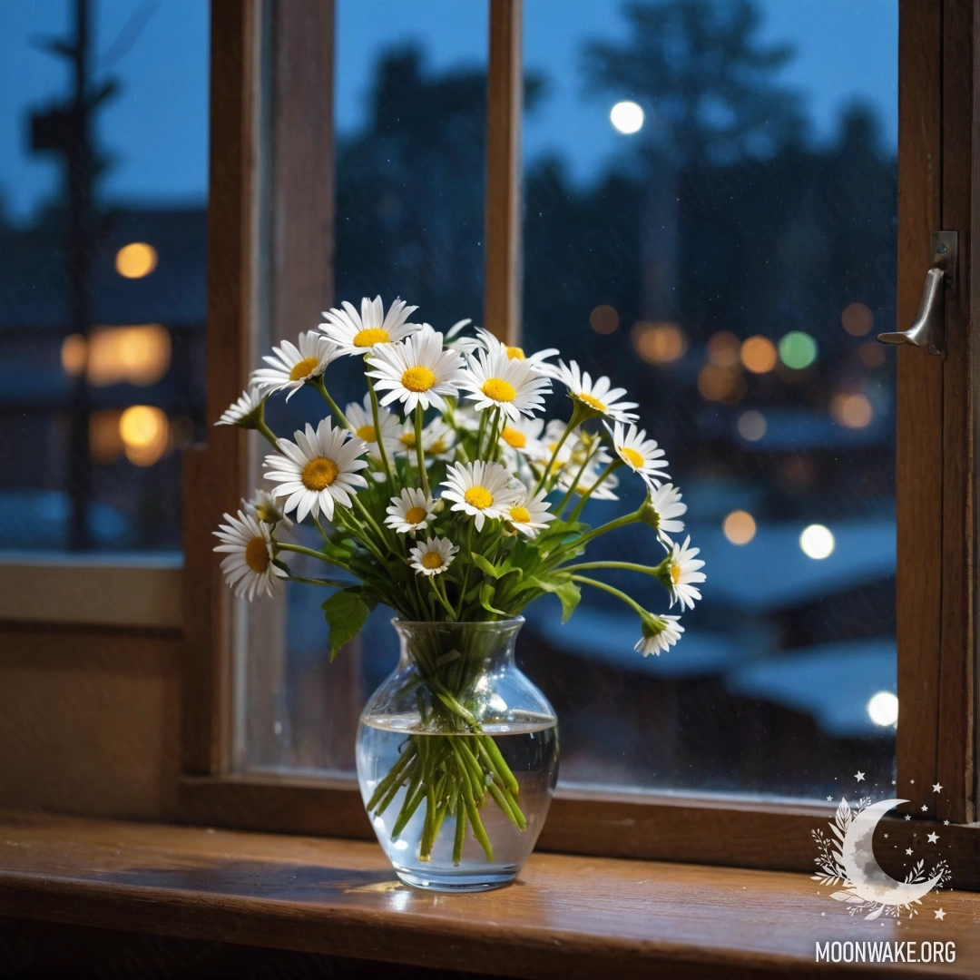 A glass vase filled with daisies resting on a vintage wooden windowsill at night.