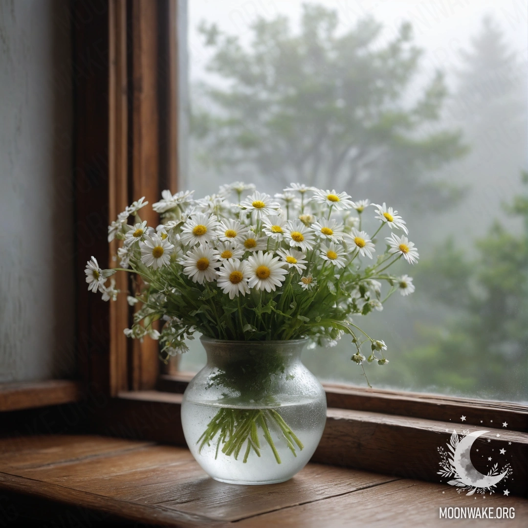 A glass vase filled with daisies placed on a wooden vintage windowsill surrounded by heavy fog.