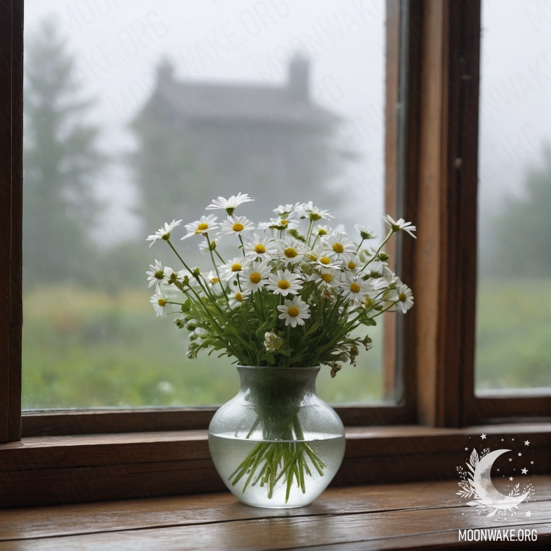 A glass vase with daisies resting on a wooden windowsill surrounded by dense fog.