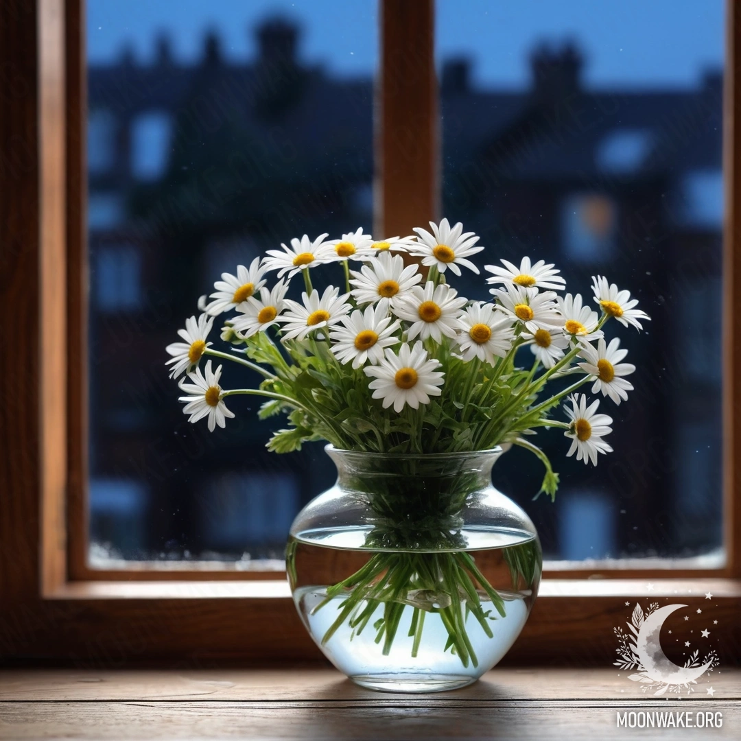 A glass vase with white daisies resting on a wooden vintage windowsill at night.