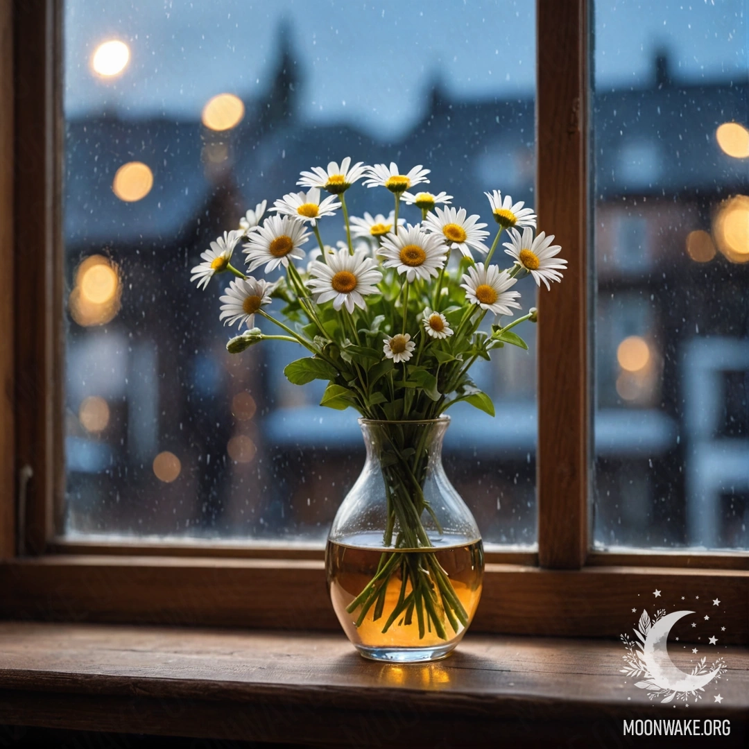A glass vase containing daisies placed on a wooden vintage windowsill at night.