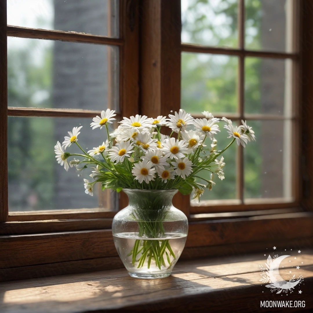 A glass vase with daisies placed on a wooden vintage windowsill.