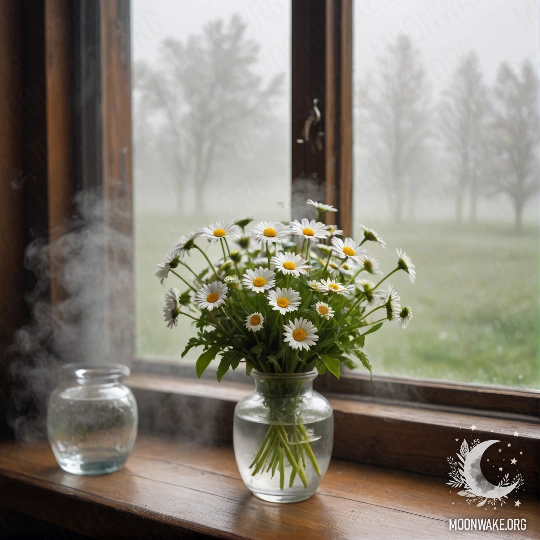 A glass vase filled with daisies placed on a vintage wooden windowsill, surrounded by dense mist and heavy fog.