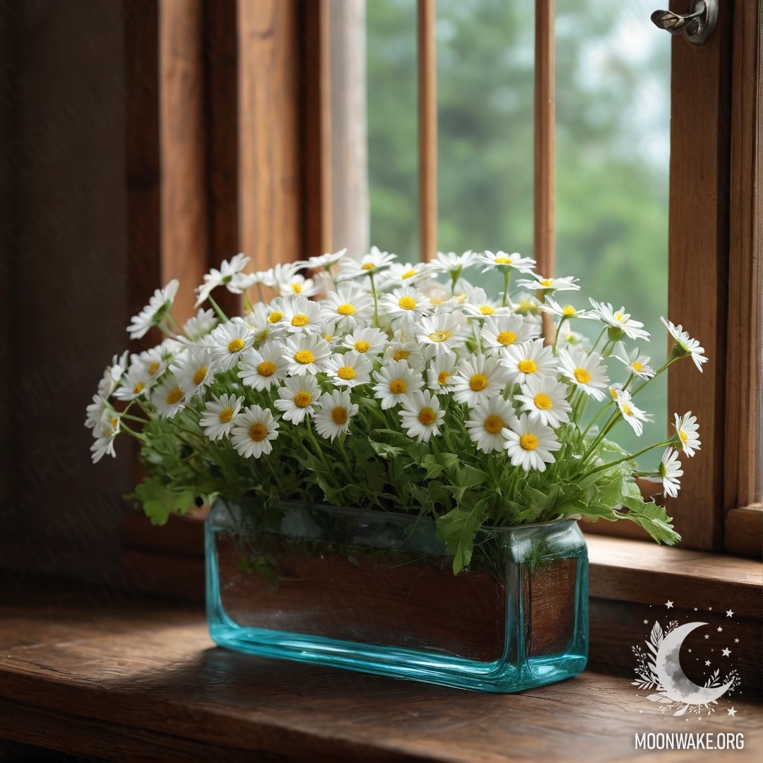 A glass vase filled with daisies sits on a wooden vintage windowsill, illuminated by warm garland lights.