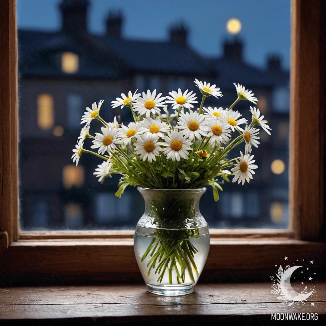 A glass vase with daisies resting on a wooden vintage windowsill at night.