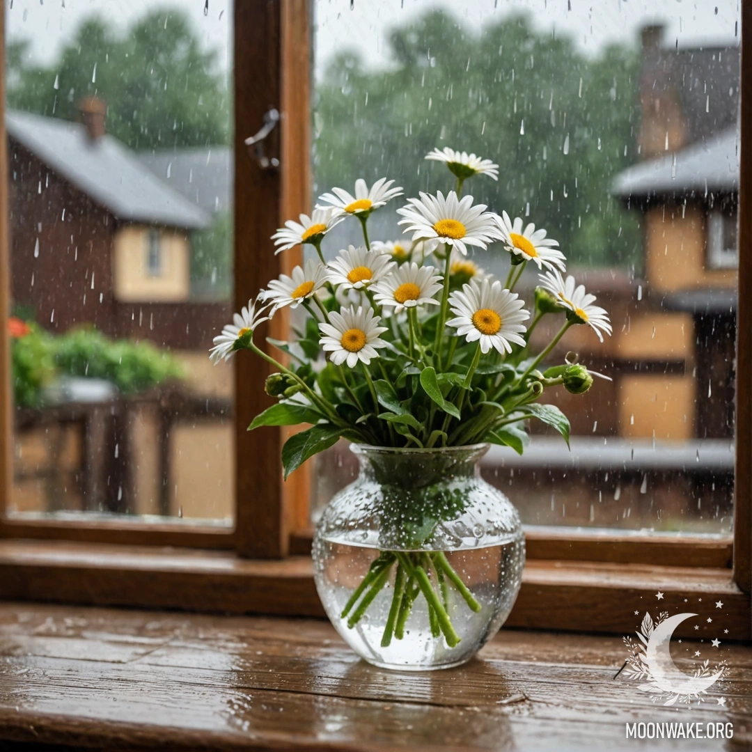 A glass vase with daisies placed on a wooden vintage windowsill during rain.