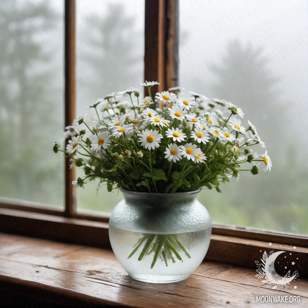 A glass vase filled with daisies resting on a wooden vintage windowsill, surrounded by dense mist.