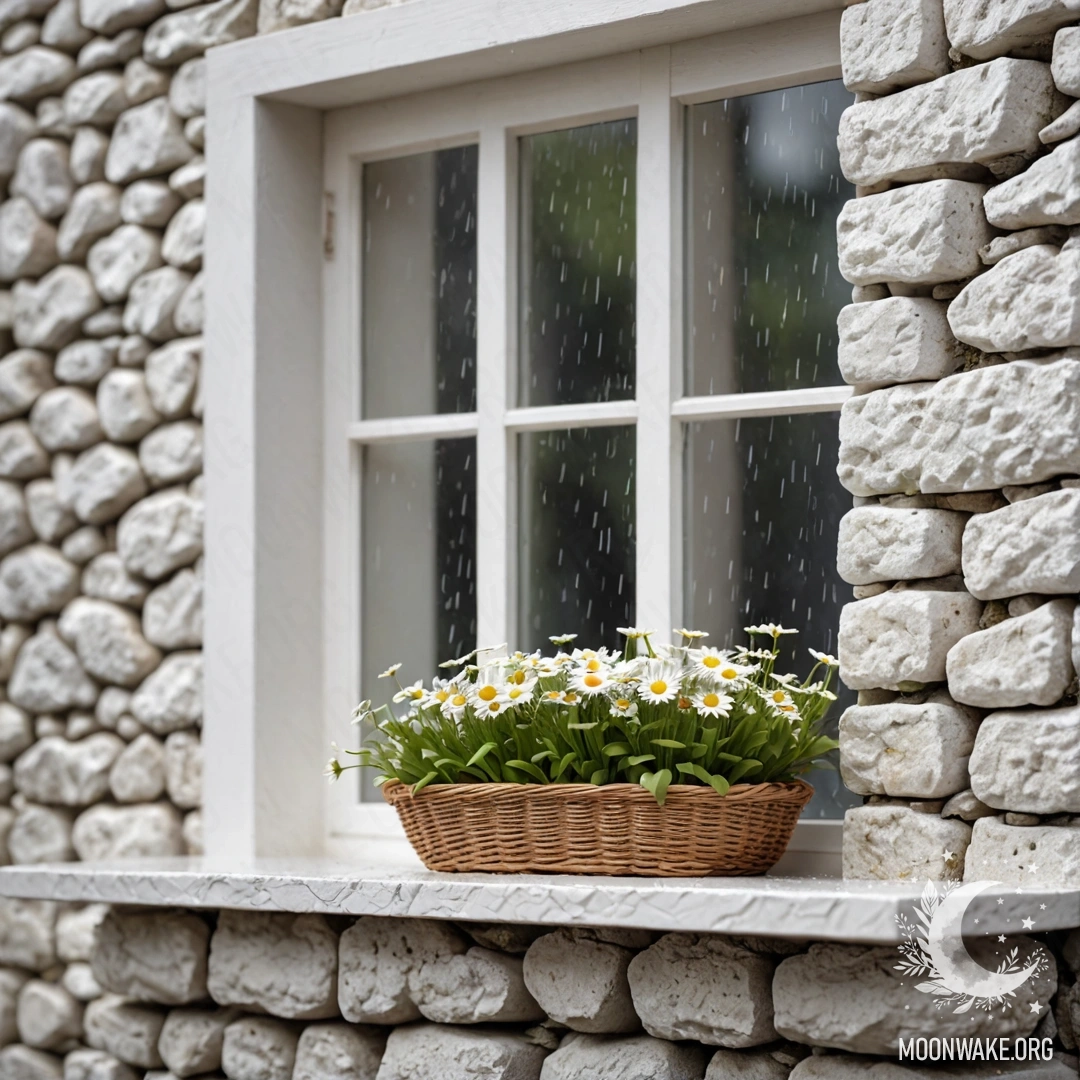 Daisies in Rain by Open Window A photorealistic scene featuring a white stone wall, an open window, and a basket of daisies on the windowsill under the rain.