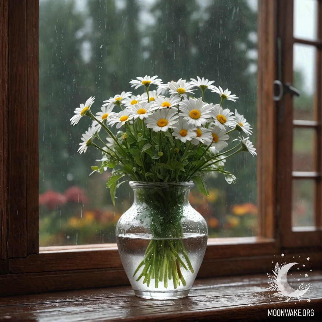 A glass vase with daisies on a vintage wooden windowsill under the rain.