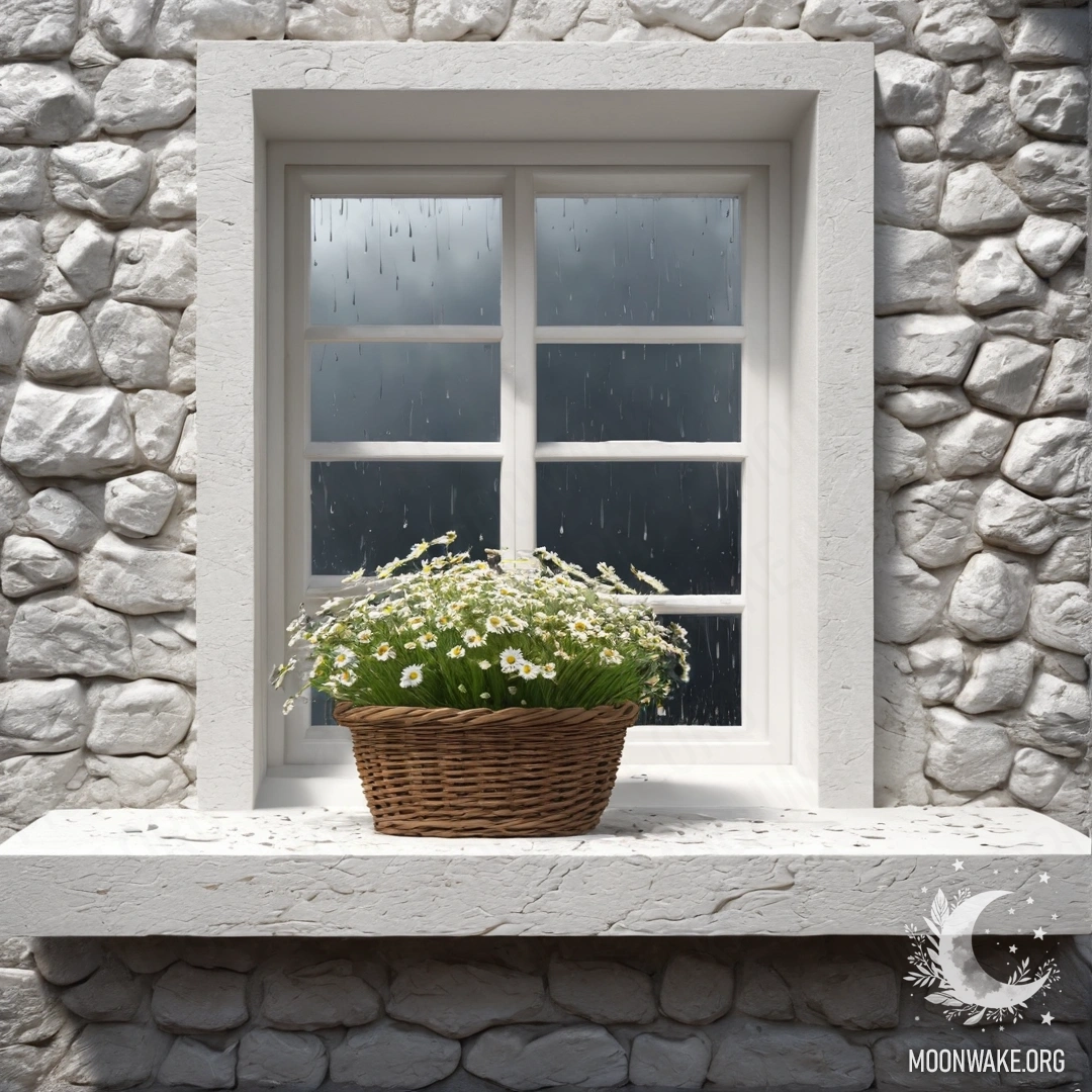 Daisies in the Rain by the Window A basket of daisies sits on a windowsill under falling rain, against a white stone wall and an open window.
