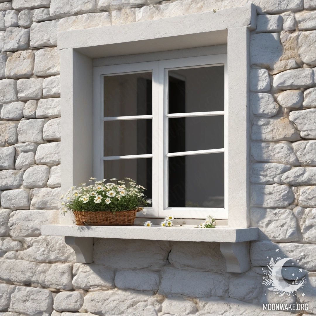 A beautiful white stone wall with an open window and a basket of daisies on the windowsill, illuminated by sunlight.