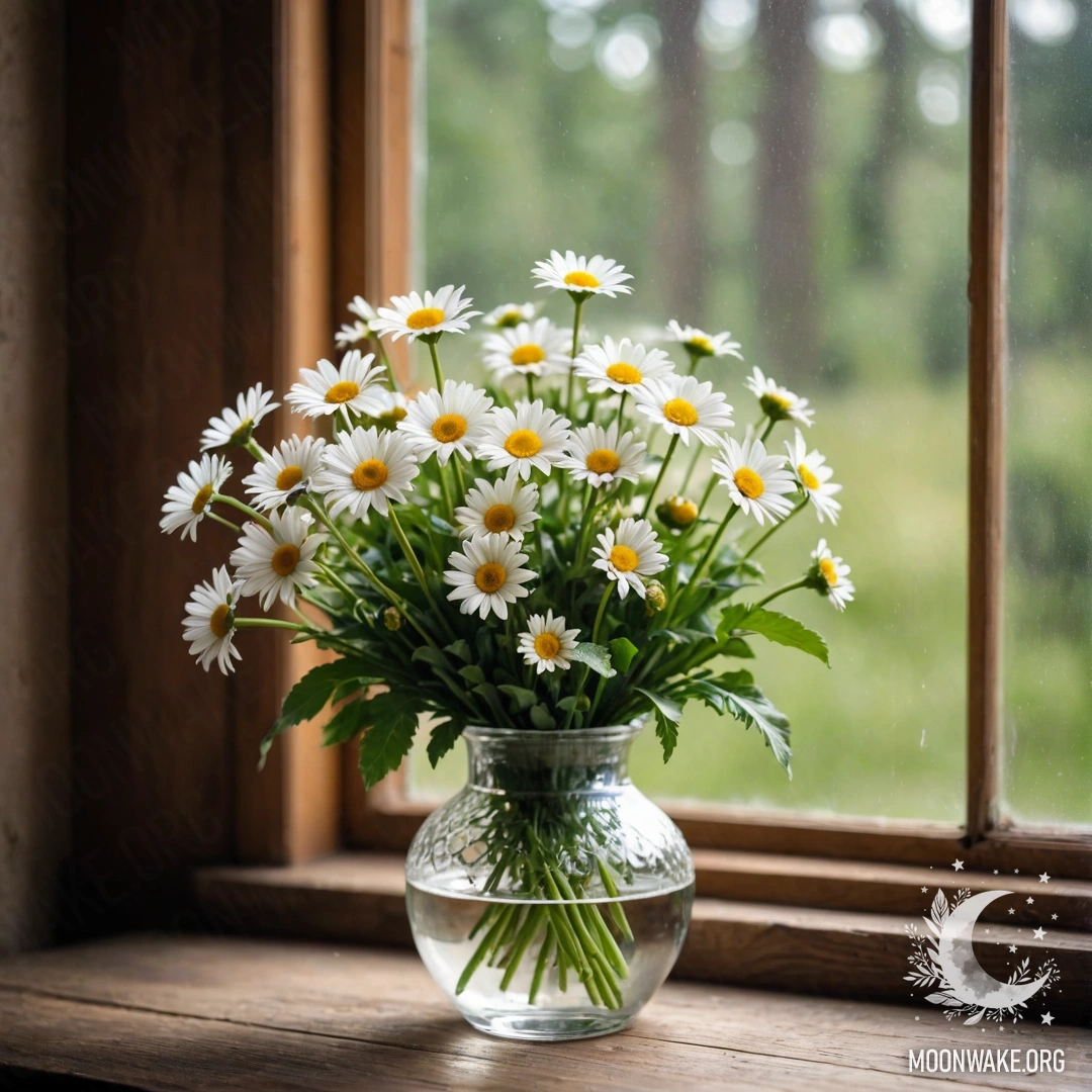 Daisies in a Vintage Glass Vase A glass vase filled with daisies on a wooden vintage windowsill, surrounded by soft garland lights.
