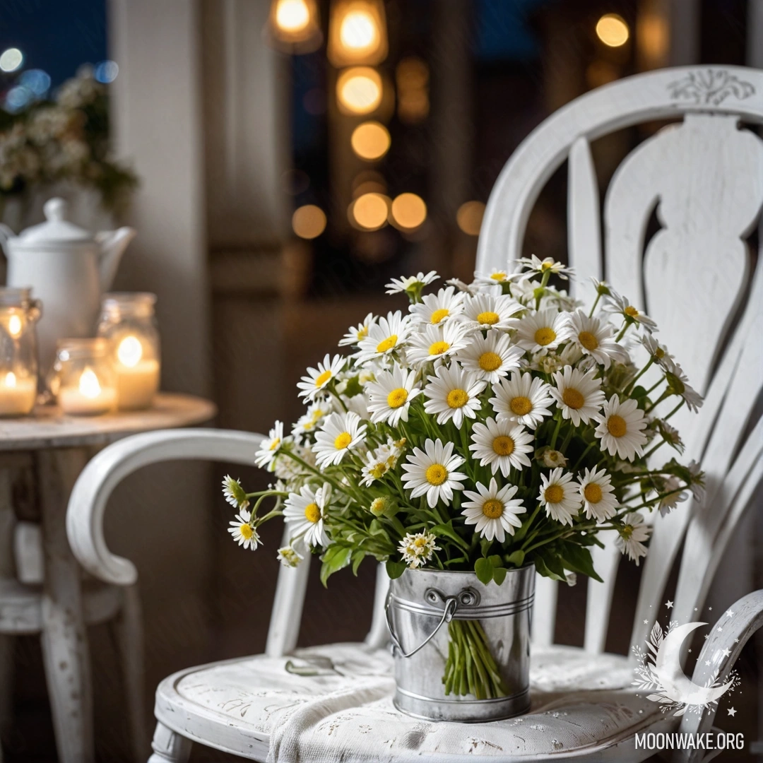A glass vase filled with daisies on a wooden windowsill during sunset