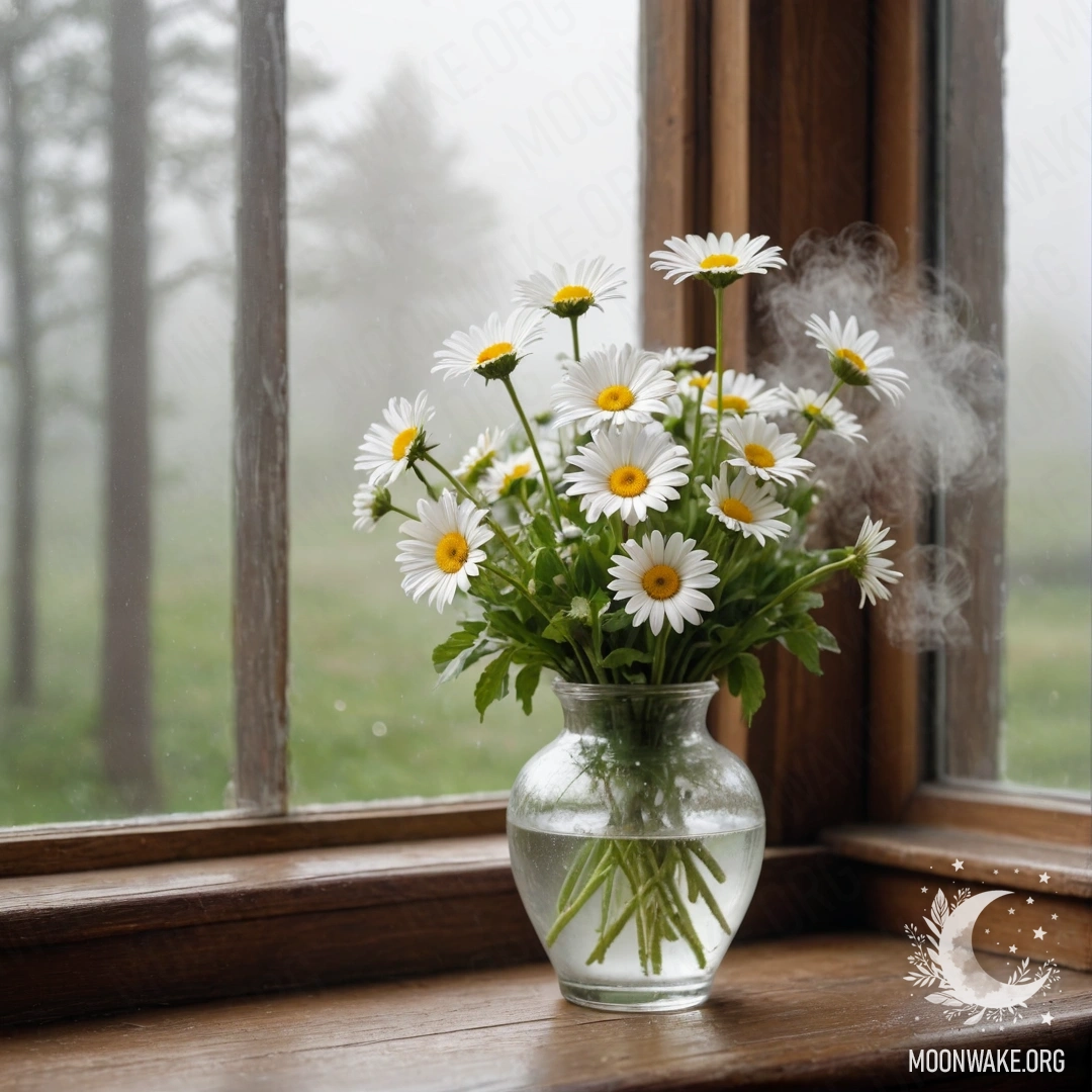 A glass vase with daisies sitting on a wooden vintage windowsill, surrounded by dense mist.