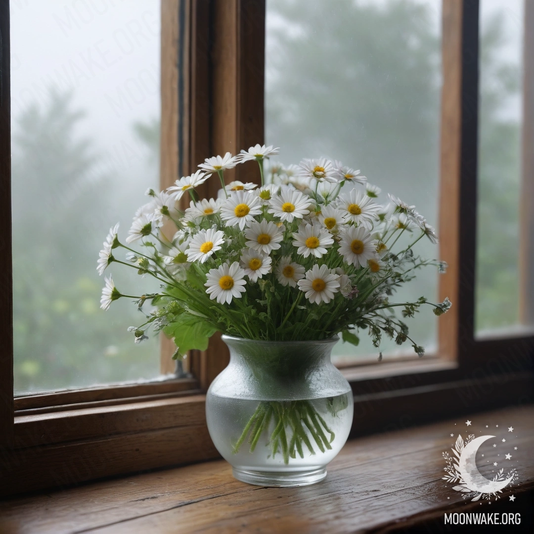 Daisies in a Vintage Vase on a Foggy Windowsill A glass vase with daisies sits on a vintage wooden windowsill, surrounded by dense mist.