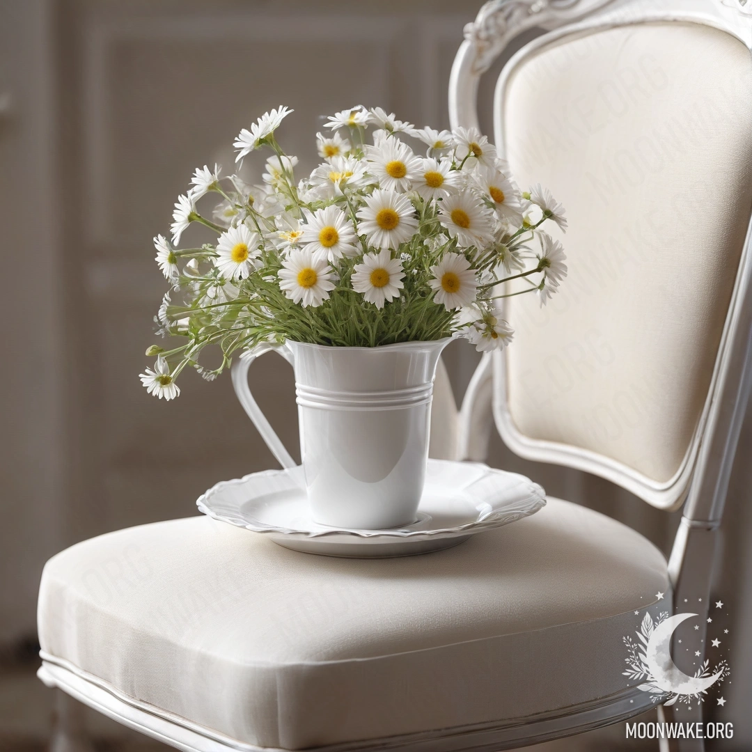 A glass vase with daisies on an old wooden windowsill shrouded in fog.