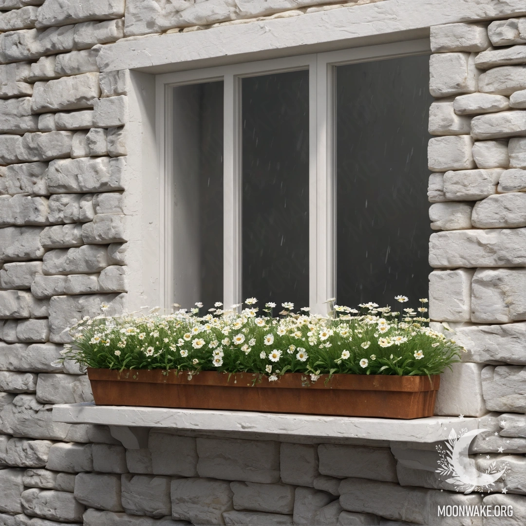 A photorealistic scene of a white stone wall with an open window and a basket of daisies on the windowsill during rain.