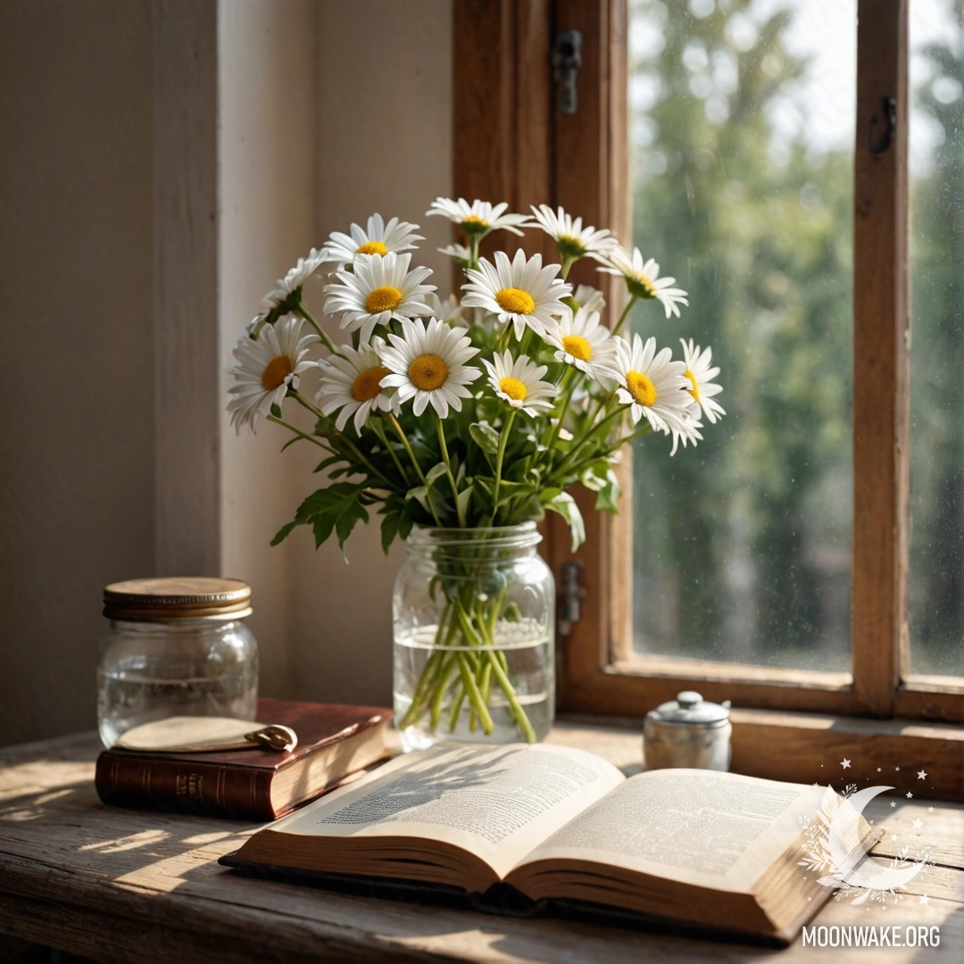 A rustic wooden windowsill featuring a jar with daisies and an open book.