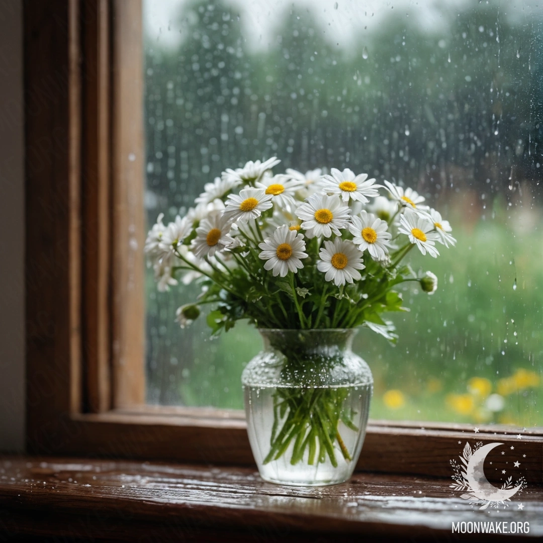 A glass vase with daisies on a vintage wooden windowsill under the rain.
