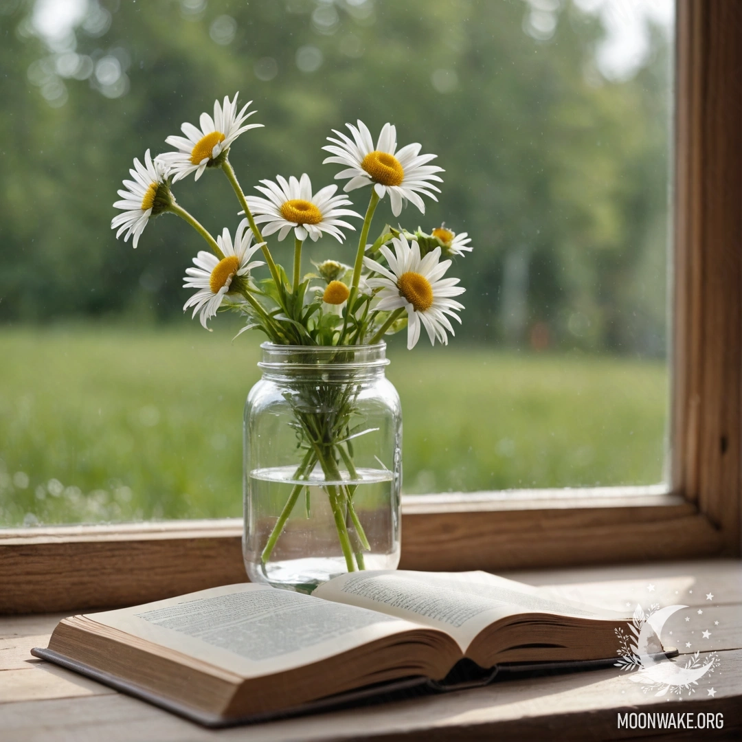 A shabby wooden windowsill with a jar of daisies and an open book next to a lens.