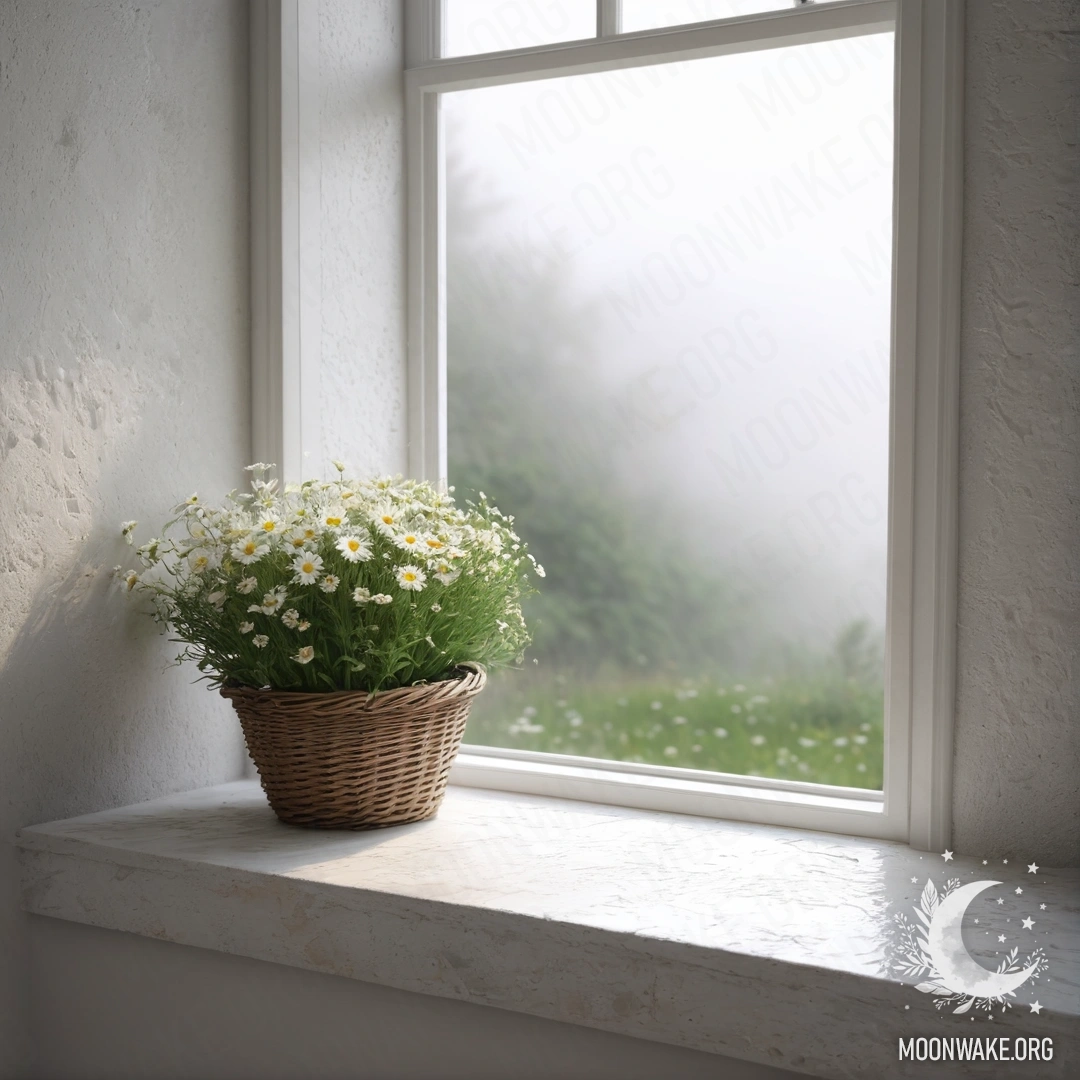 A white stone wall with an open window and a basket of daisies on the windowsill, surrounded by dense mist.