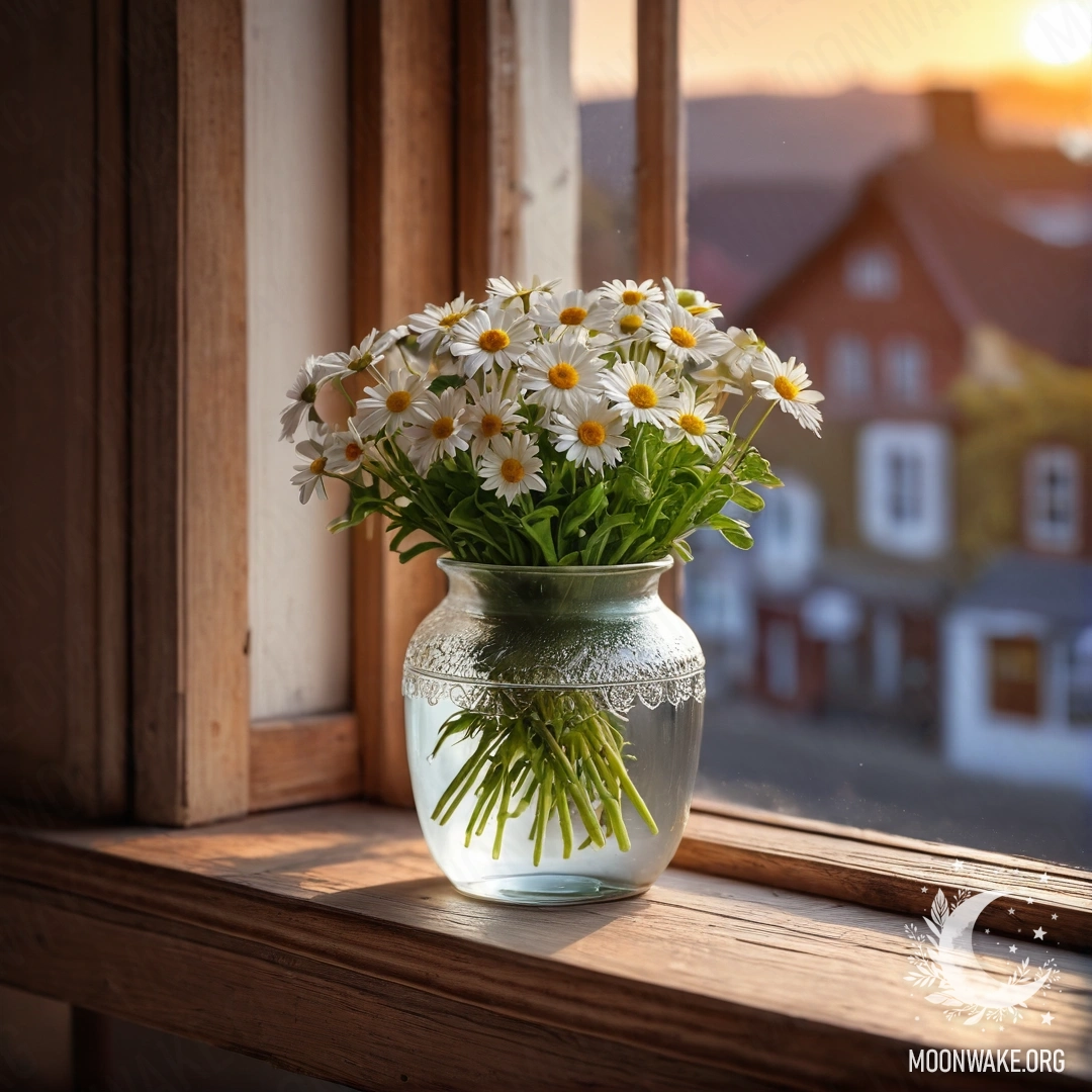 A glass vase with daisies on a wooden vintage windowsill during sunset.