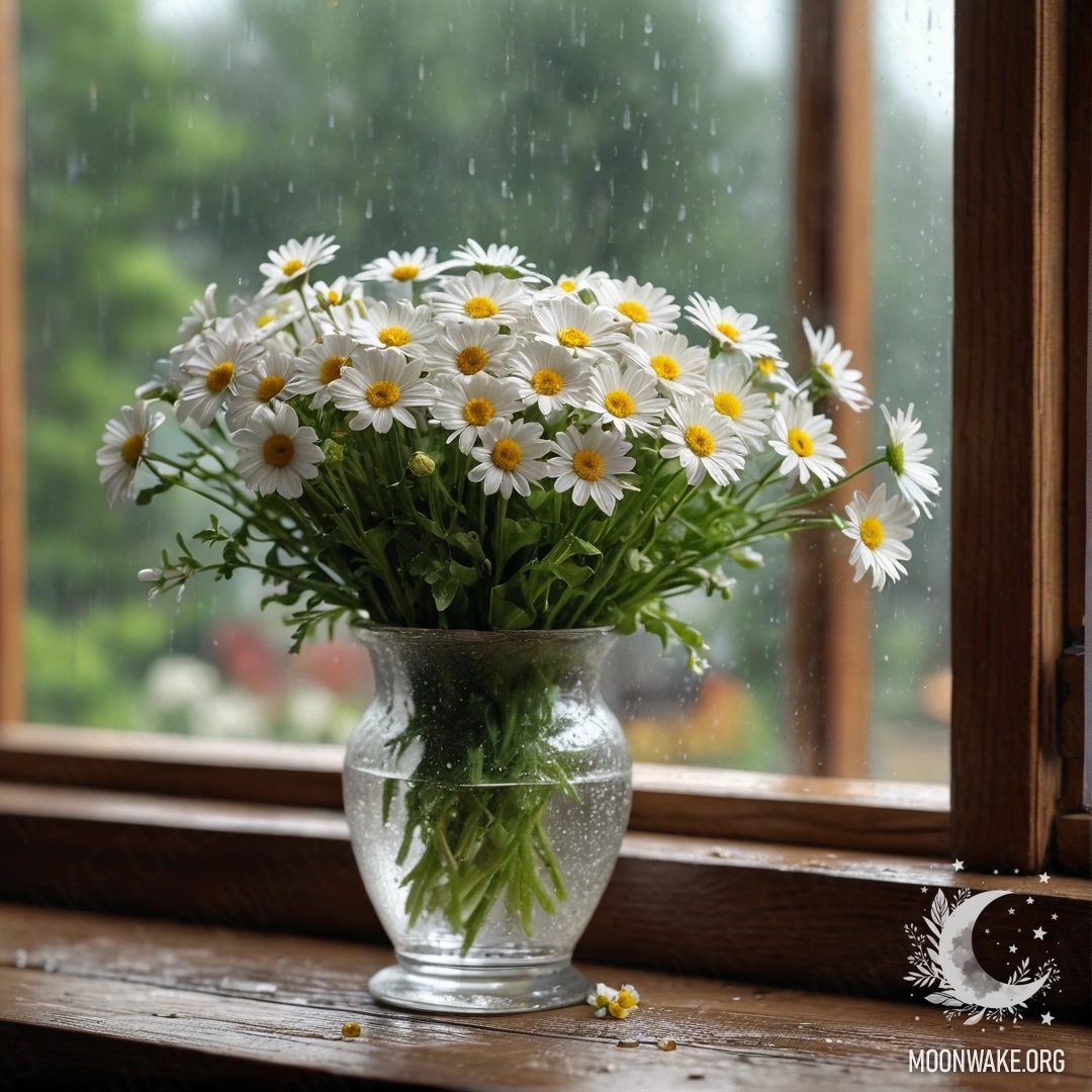 A glass vase with white daisies sitting on a wooden vintage windowsill during rain.